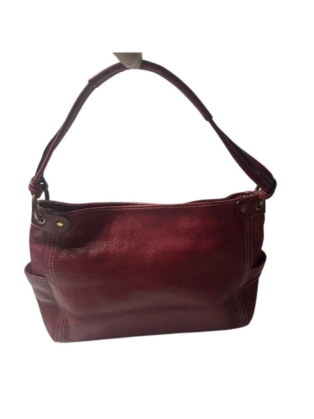 Vintage Fossil Red Pebbled Leather Shoulder Bag Side Pockets Brass Hardware